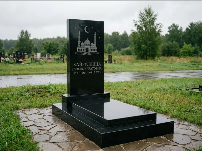 Мусульманский памятник с гравировкой мечети: ступенчатая двухуровневая стела — гравировка мечети под полумесяцем и звёздами, каменная дорожка из плитняка, работа «Хайруллина» в Саратове