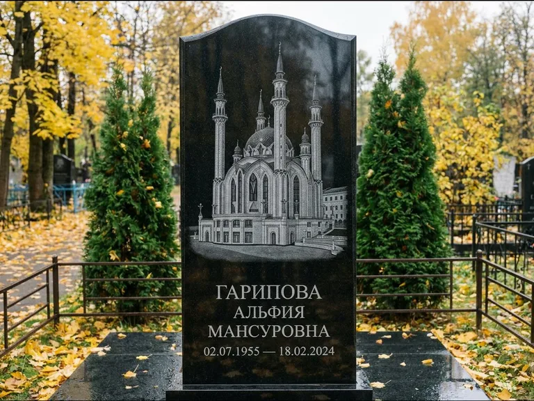 Мусульманский памятник с гравировкой мечети — мечеть Кул-Шариф на обороте стелы, работа «Гарипова» в Саратове