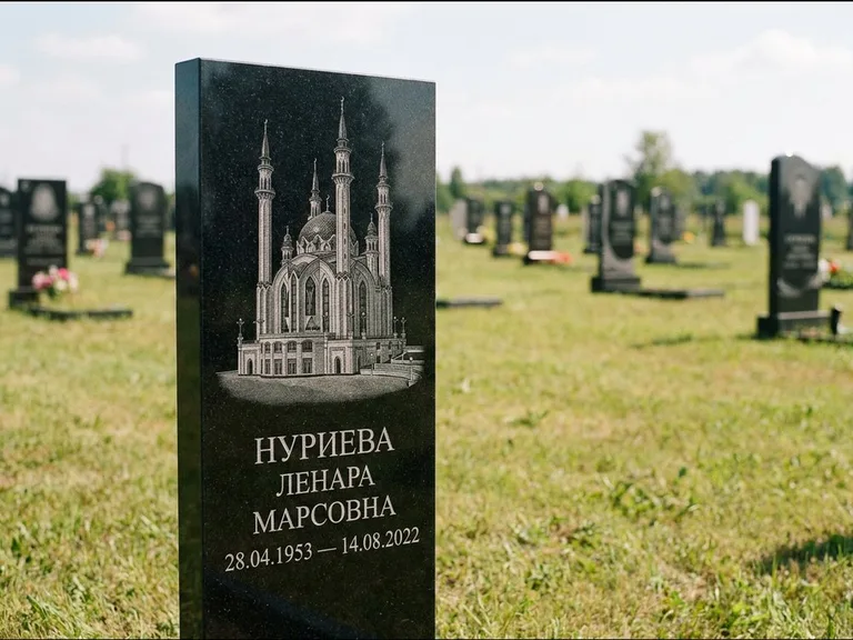 Мусульманский памятник с гравировкой мечети: узкая вертикальная стела-пилон — гравировка мечети в михраб-арке с орнаментом, открытая лужайка без ограды, работа «Хайруллина» в Саратове