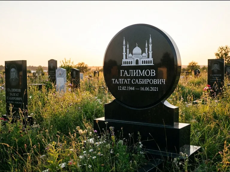 Мусульманский памятник с гравировкой мечети: округлая стела-медальон на тумбе — гравировка мечети в михраб-арке с орнаментом, луговые травы и полевые цветы, работа «Каримов» в Саратове