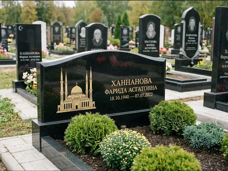 Мусульманский памятник с гравировкой мечети: вытянутая горизонтальная семейная стела с аркой — белая гравировка силуэта мечети с минаретами, участок с декоративными кустами, работа «Гарипова» в Саратове