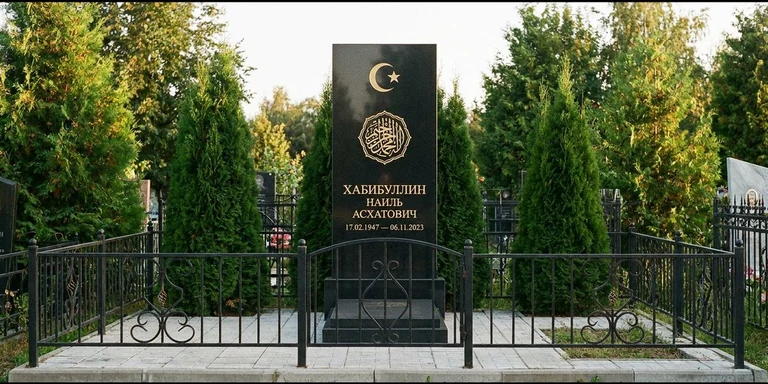 Гравировка на мусульманском памятнике в Саратове — стела из чёрного гранита, оформление по канонам ислама