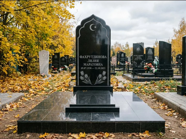 Мусульманский памятник: стела с михраб-навершием в форме арки — гравировка минарета с полумесяцем, гранитный цоколь с тёмной плиткой, работа «Фахрутдинова» в Саратове