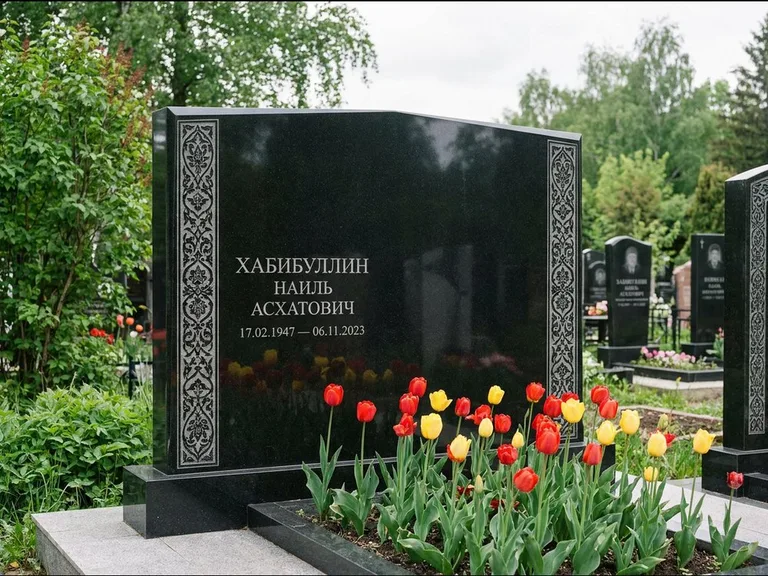 Мусульманский памятник: широкая двойная семейная стела — золочёная гравировка мечети, цветник с тюльпанами, работа «Хабибуллин» в Саратове