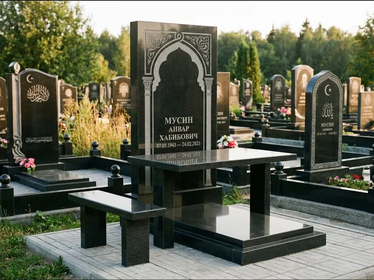 Мусульманский памятник: стела с гранитным столиком и скамьёй — гравировка мечети под полумесяцем и звёздами, семейный участок с плиткой, работа «Гимаев» в Саратове