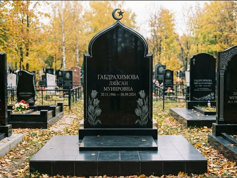 Мусульманский памятник: массивная стела с михраб-навершием — белая гравировка силуэта мечети с минаретами, цоколь тёмной плиткой, работа «Магомедова» в Саратове
