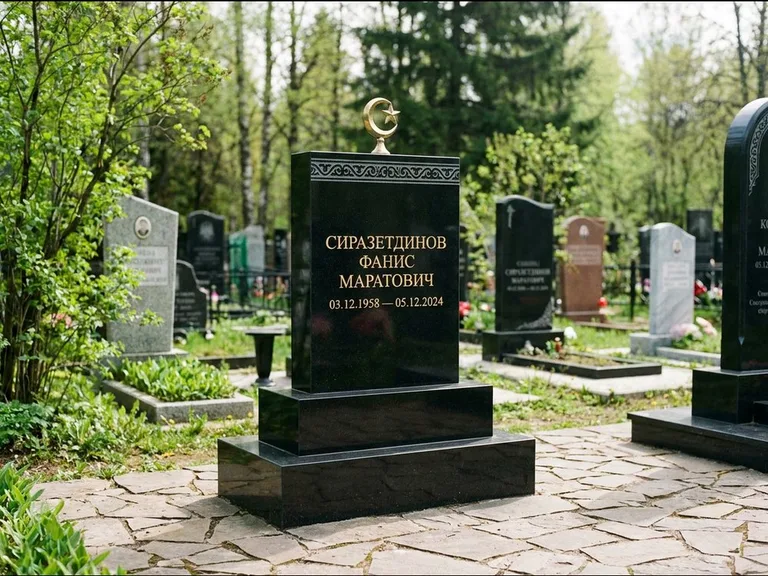 Мусульманский памятник: ступенчатая трёхуровневая стела — золочёная гравировка мечети, дорожка из природного плитняка, работа «Мустафин» в Саратове