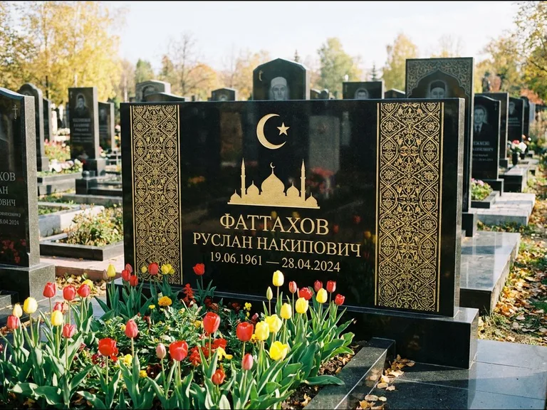 Мусульманский памятник: широкая панорамная стела с золочёным орнаментом — гравировка минарета с полумесяцем, цветник с тюльпанами, работа «Сулейманов» в Саратове