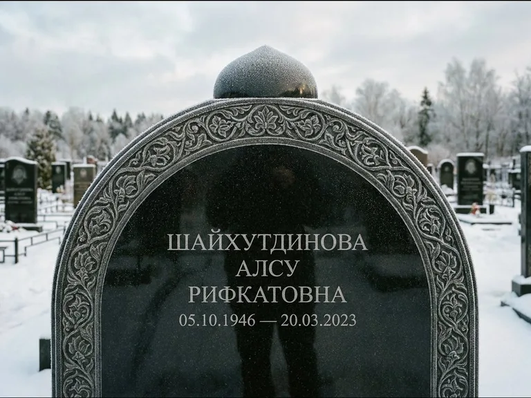 Мусульманский памятник: полукруглая стела с купольным навершием — гравировка мечети под полумесяцем и звёздами, заснеженный зимний участок, работа «Ганиева» в Саратове