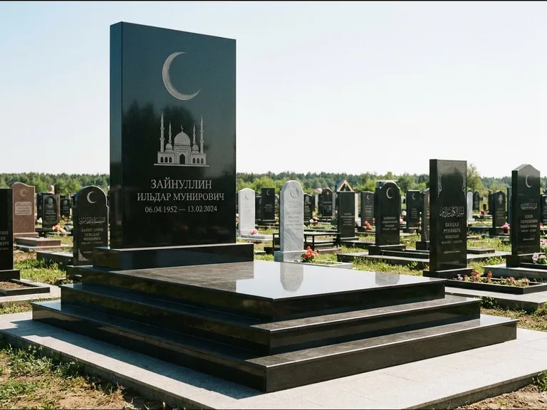 Мусульманский памятник: массивная стела на ступенчатом постаменте — гравировка мечети под полумесяцем и звёздами, гранитная площадка без ограды, работа «Хабибуллин» в Саратове