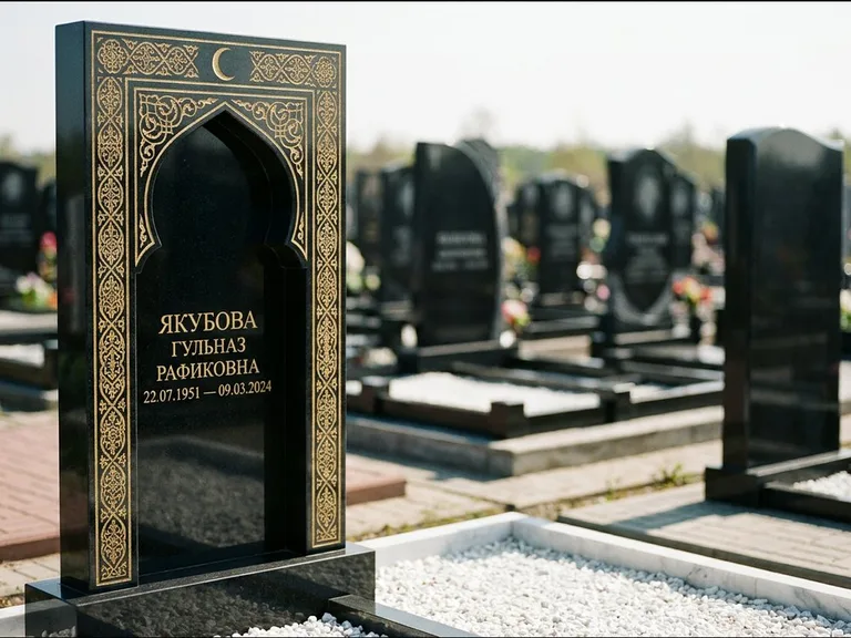 Мусульманский памятник: стела в форме михраба с глубокой нишей и золочёным орнаментом — детализированная гравировка мечети Кул-Шариф, участок с белой мраморной крошкой, работа «Мустафин» в Саратове