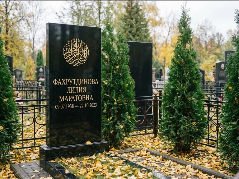 Мусульманский памятник — шахада в верхней части стелы, работа «Фахрутдинова» в Саратове