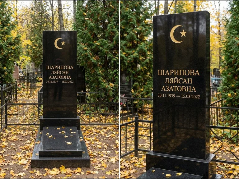 Памятник с гравировкой полумесяца — золочёная гравировка полумесяца со звездой в верхней части с, работа «Шарипова» в Саратове