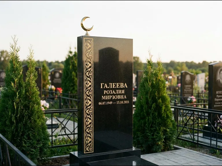 Памятник с гравировкой полумесяца — золочёный полумесяц и колонна растительного орнамента-ислими, работа «Галеева» в Саратове
