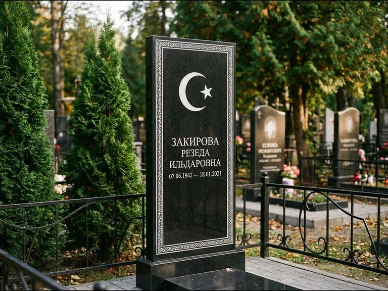 Памятник с гравировкой полумесяца — строгая белая гравировка полумесяца со звездой и орнаменталь, работа «Закирова» в Саратове