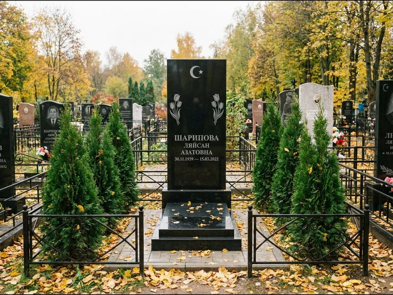 Памятник с гравировкой полумесяца — гравировка полумесяца со звездой и тюльпанами по бокам, работа «Шарипова» в Саратове