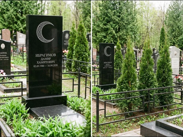 Памятник с гравировкой полумесяца — гравировка полумесяца в геометрическом орнаменте-гирихе, работа «Ибрагимов» в Саратове