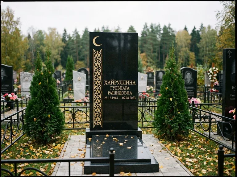 Памятник с гравировкой полумесяца — золочёный полумесяц и колонна растительного орнамента-ислими, работа «Хайруллина» в Саратове