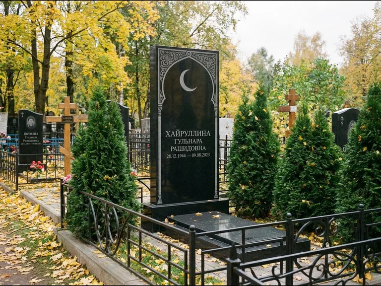 Памятник с гравировкой полумесяца — гравировка полумесяца в восточной арке с орнаментом, работа «Хайруллина» в Саратове