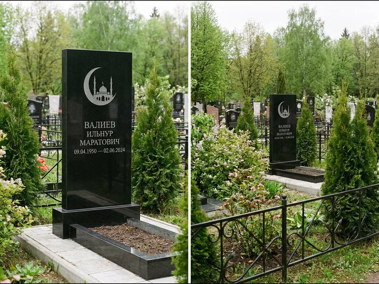 Памятник с гравировкой полумесяца — гравировка полумесяца над силуэтом мечети, работа «Валиев» в Саратове