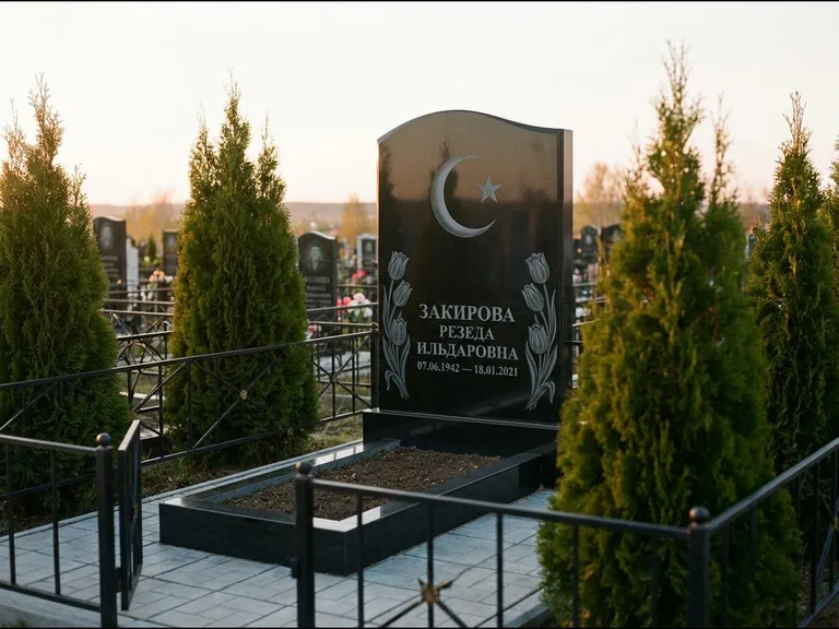 Памятник с гравировкой полумесяца — гравировка полумесяца со звездой и тюльпанами по бокам, работа «Закирова» в Саратове