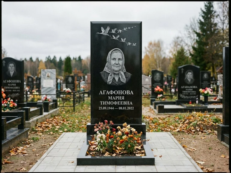 Гравировка журавлей на памятник в Саратове — памятник из чёрного гранита с гравировкой