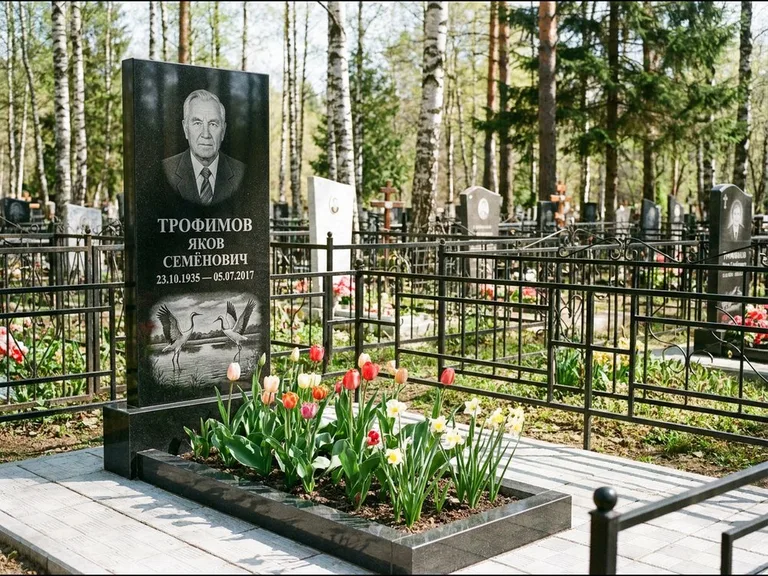 Памятник с гравировкой журавлей — гравировка пары журавлей над гладью озера в нижней части, работа «Трофимов» в Саратове