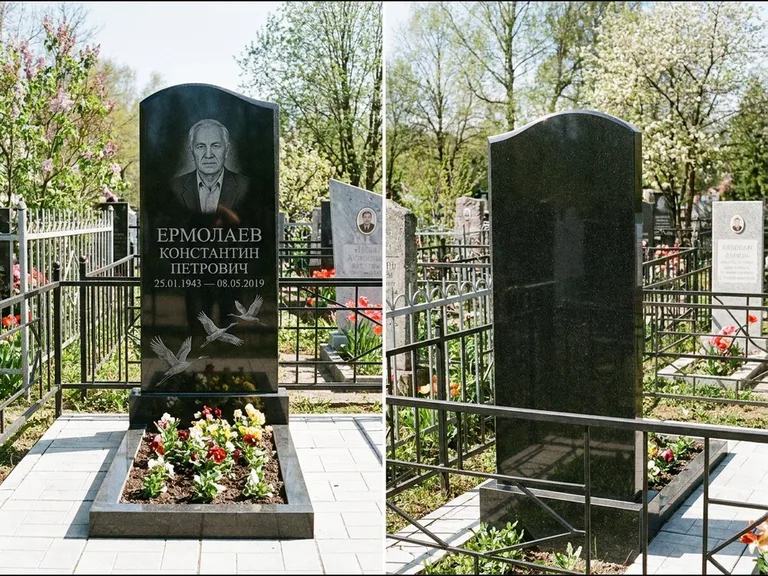 Памятник с гравировкой журавлей — гравировка трёх журавлей по диагонали через свободное поле с, работа «Ермолаев» в Саратове