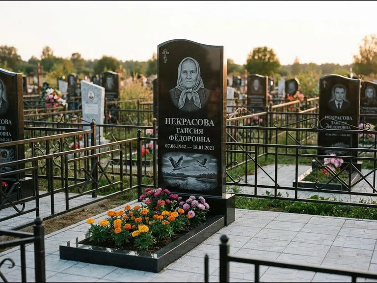 Памятник с гравировкой журавлей — гравировка пары журавлей над гладью озера в нижней части, работа «Некрасова» в Саратове