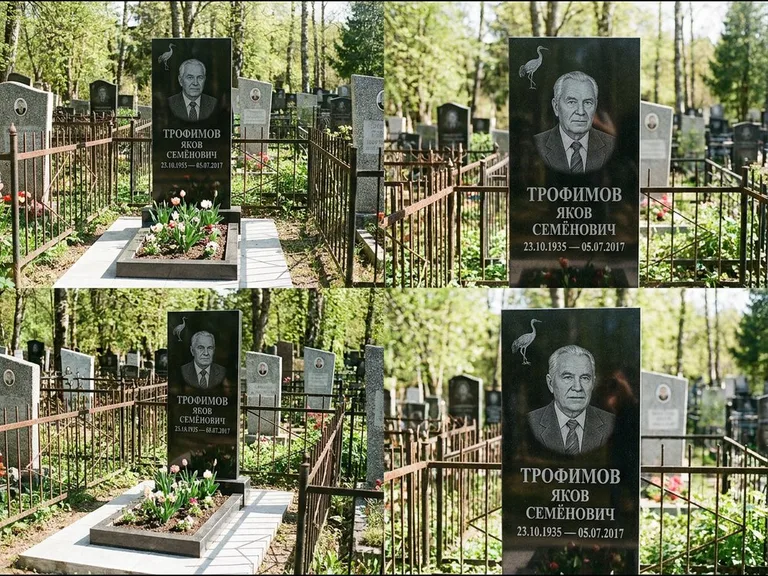 Памятник с гравировкой журавлей — гравировка одиночного летящего журавля над портретом, работа «Трофимов» в Саратове