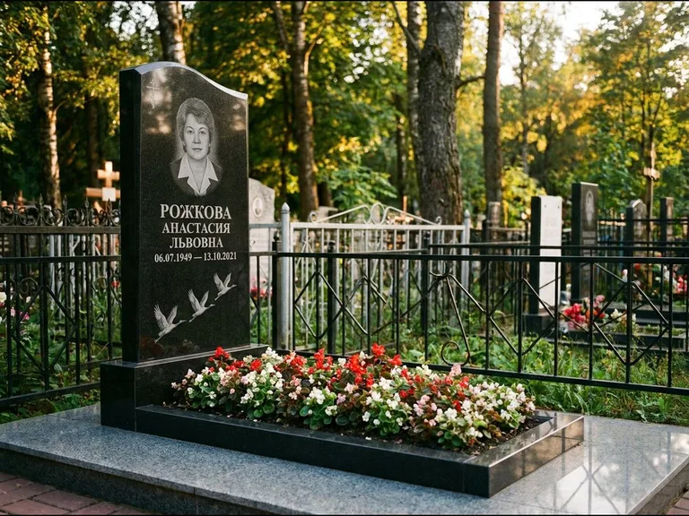 Памятник с гравировкой журавлей — гравировка трёх журавлей по диагонали через свободное поле с, работа «Рожкова» в Саратове