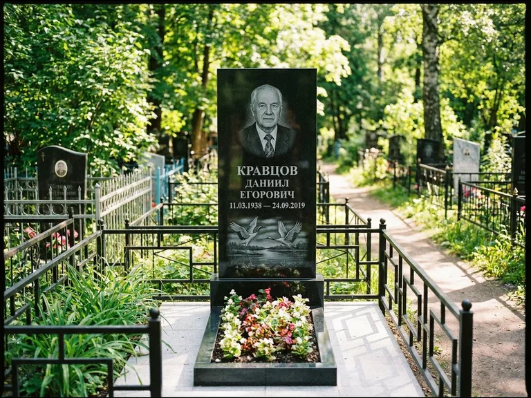 Памятник с гравировкой журавлей — гравировка пары журавлей над гладью озера в нижней части, работа «Кравцов» в Саратове