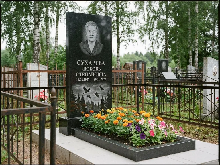 Памятник с гравировкой журавлей — гравировка силуэтов журавлей над еловым лесом, работа «Сухарева» в Саратове