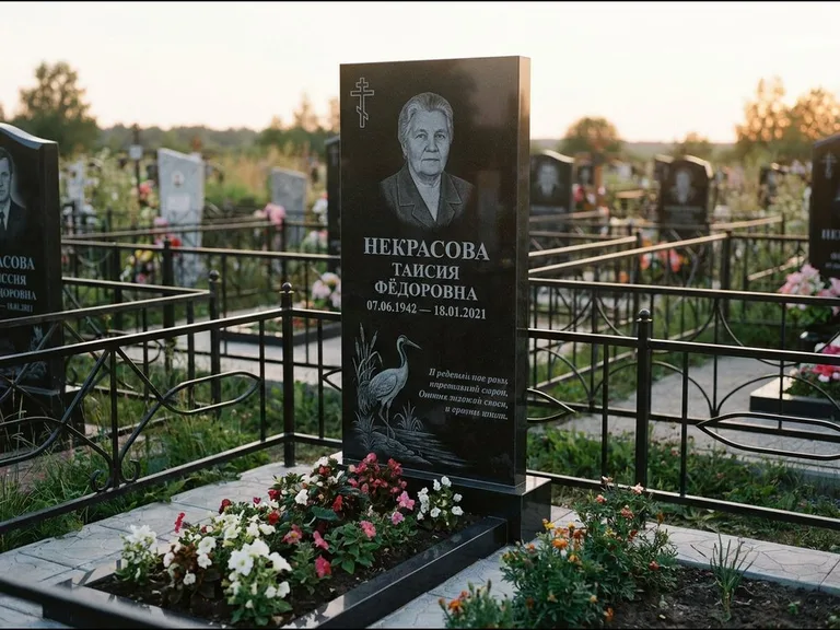 Памятник с гравировкой журавлей — гравировка журавля у камышей рядом с эпитафией, работа «Некрасова» в Саратове
