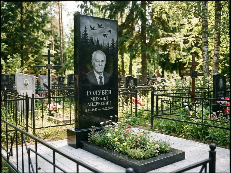 Памятник с гравировкой журавлей — гравировка силуэтов журавлей над еловым лесом, работа «Голубев» в Саратове