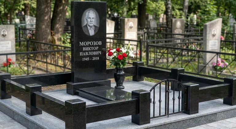 Памятник с художественной гравировкой, Гранитный памятник работы «Мастер Каменев» на кладбище в Ульяновске