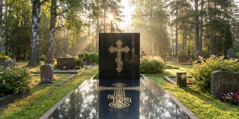 Гравировка креста на памятнике в Саратове — православный восьмиконечный крест на граните
