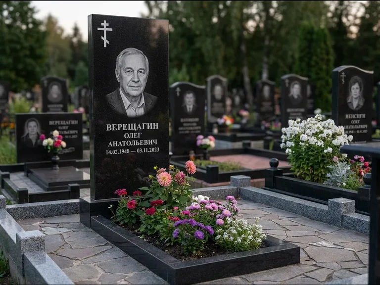 Памятник из чёрного гранита — горизонтальная плита-стела с православным восьмиконечным крестом, работа «Тихонов» в Саратове