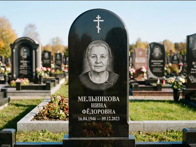 Памятник из чёрного гранита — стела с резным навершием с латинским крестом, работа «Савельева» в Саратове