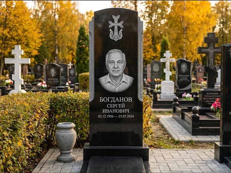 Памятник из чёрного гранита — круглая стела-медальон с армянским хачкаром, работа «Ковалёв» в Саратове