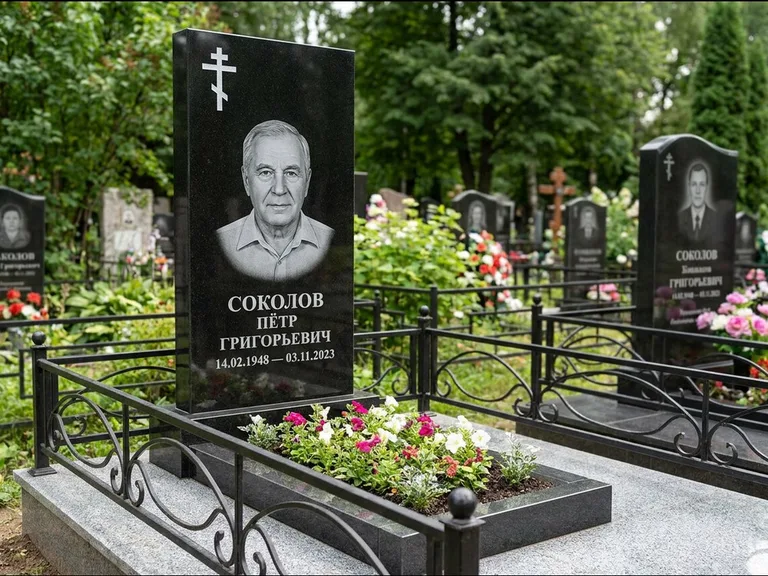 Памятник из чёрного гранита — стела с арочным верхом с православным восьмиконечным крестом, работа «Ковалёв» в Саратове