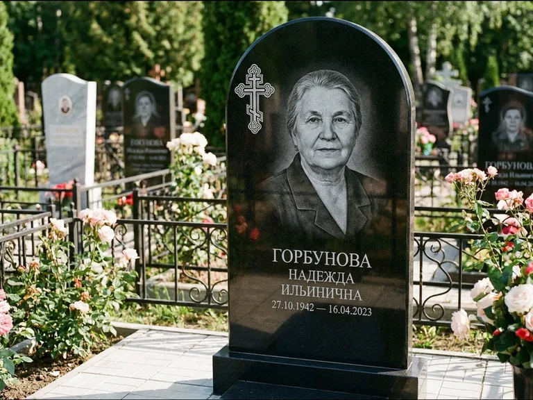 Памятник из чёрного гранита — стела с боковой колонной с крестом в лучах, работа «Мельникова» в Саратове