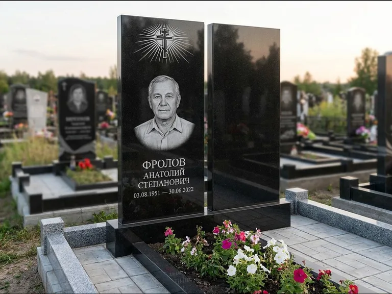 Памятник из чёрного гранита — стела на ступенчатом постаменте с золочёным крестом, работа «Богданов» в Саратове
