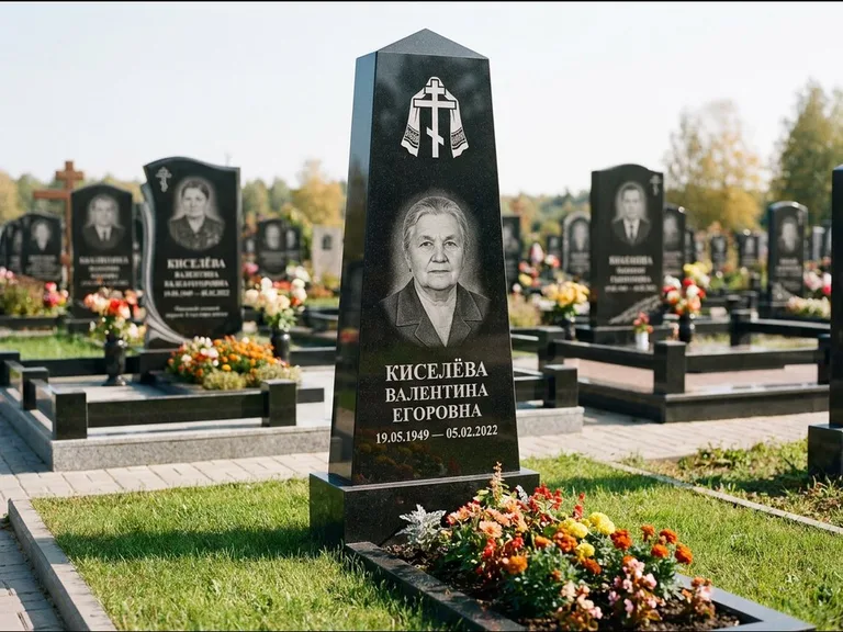 Памятник из чёрного гранита — стела со скошенным верхом с ажурным резным крестом, работа «Селезнёва» в Саратове