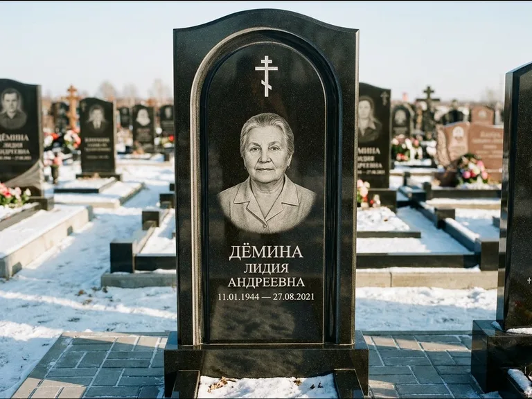 Памятник из чёрного гранита — стела-триптих с крестом с терновым венцом, работа «Ерофеева» в Саратове