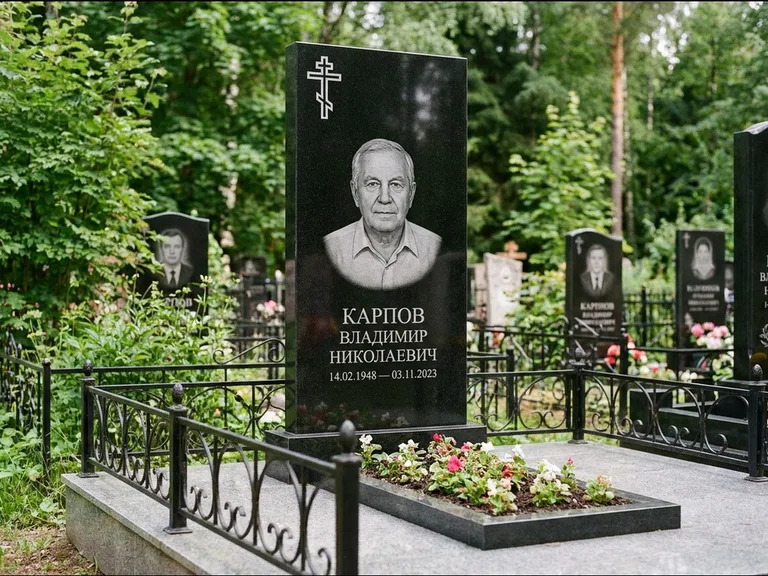 Памятник из чёрного гранита — узкая стела с ажурным крестом с православным восьмиконечным крестом, работа «Гущин» в Саратове
