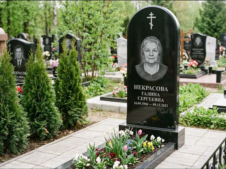Памятник из чёрного гранита — стела с цветником-плитой с латинским крестом, работа «Лаврентьева» в Саратове