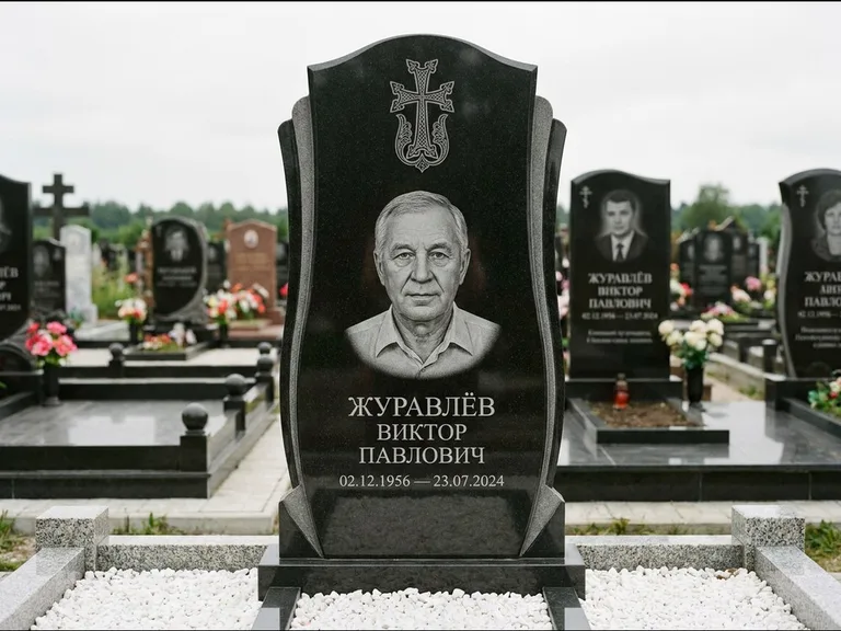 Памятник из чёрного гранита — панорамная стела с армянским хачкаром, работа «Тихонов» в Саратове