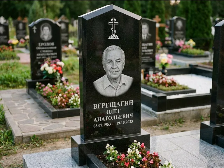 Памятник из чёрного гранита — обелиск-колонна с крестом на Голгофе, работа «Ковалёв» в Саратове