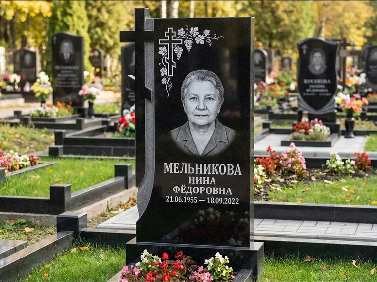 Памятник из чёрного гранита — стела с резной рамкой с крестом с распятием, работа «Некрасова» в Саратове